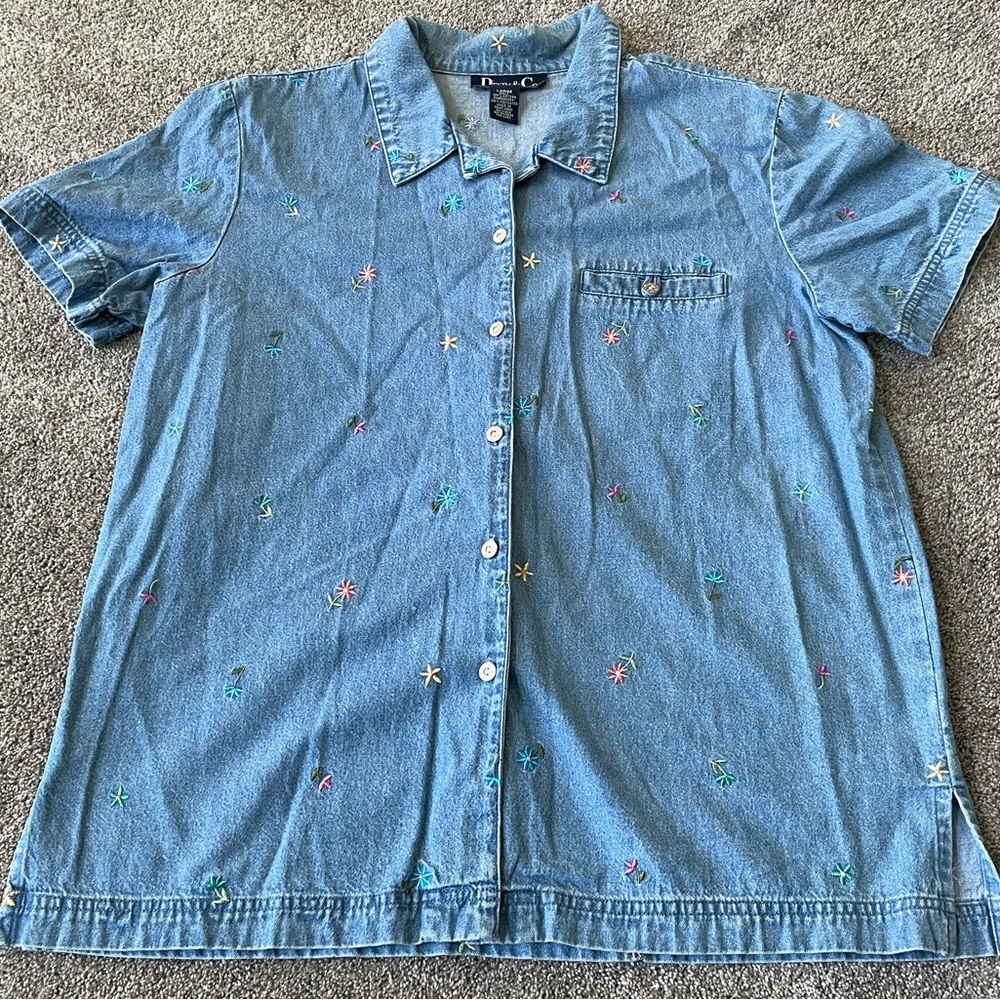 Denim Co Button Up Floral Embroidered Jean Shirt Large